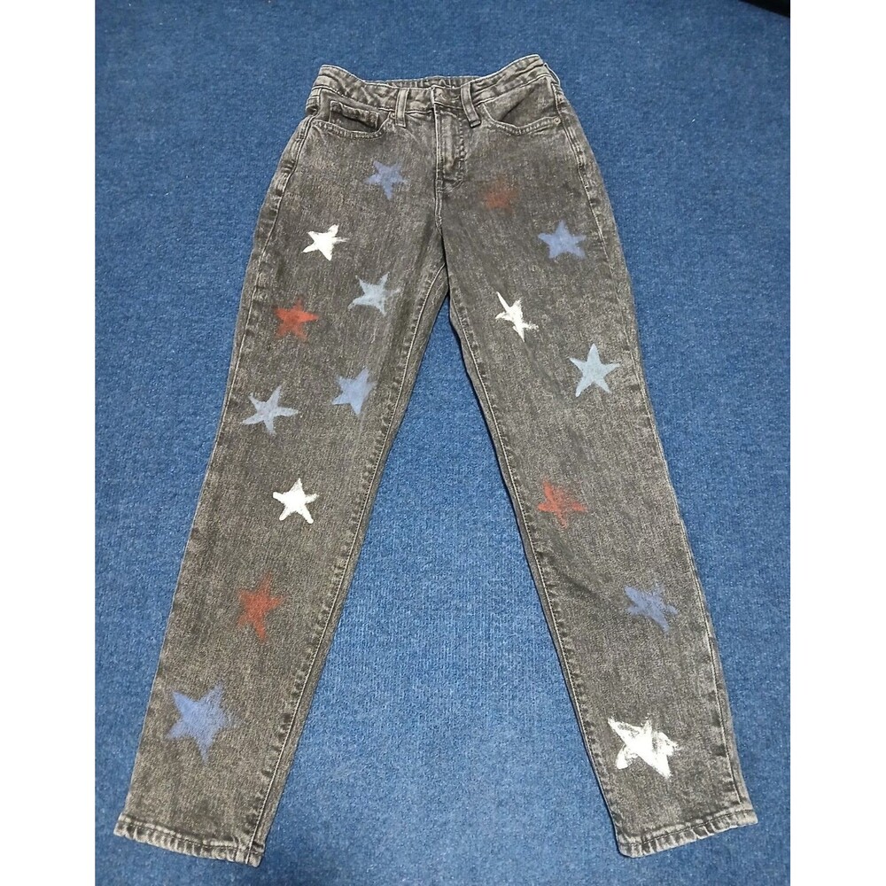Old Navy O.G. Straight High Rise Black Wash Jeans w Red/White/Blue Stars  size 0